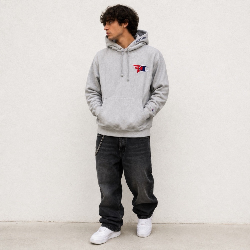 Champion Reverse Weave FaZe Clan Hoodie Gray Embroidered Esports Pullover Mens S